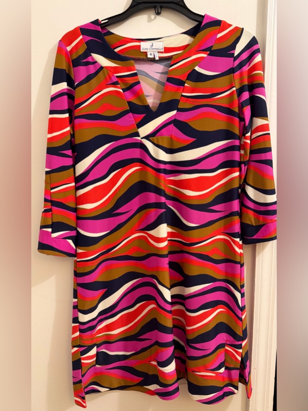 Jude Connally Pink Multi Wave-Print Long Sleeve Dress